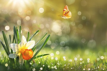 Beautiful daffodil flower in nature in morning outdoors in rays of sunlight and orange fluttering butterfly on background of grass in dew drops with beautiful round bokeh.