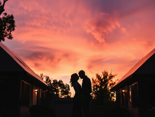 Romantic Couple Silhouette Against Vibrant Sunset Sky