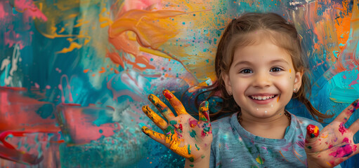 Happy little girl with paint on her hands smiling at the camera over a colorful background