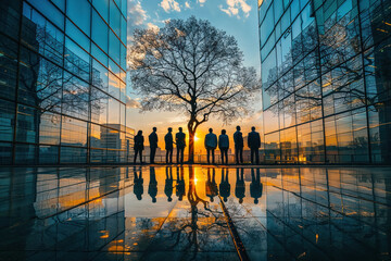 Silhouettes of people standing in front of a large tree reflected in the glass walls of urban buildings at sunset