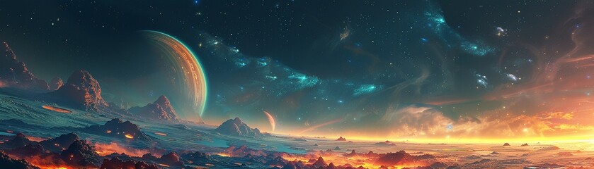 Illustrate a scene that imagines a universe beyond our own filled with unknown planets and alien civilizations.