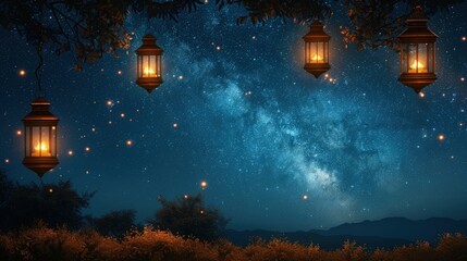 Fototapeta na wymiar Ramadan background. Glowing lanterns hang on the starry night background