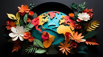 Earth's Floral Embrace: A Paper Art Halo of Blossoms and Foliage Surrounding the Globe on a Black Canvas in High Key"-world environmental day-