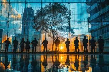 People cast silhouettes in an urban corridor of glass as the sun sets, creating a dramatic and warm scene