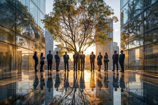 Striking image where professionals gather around a tree between glass buildings at sunrise