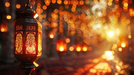 Ramadan background. Golden lanterns hanging with bokeh background at dusk.