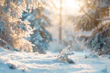 Beautiful background image of a snowy morning winter forest with small snowdrifts close-up and light snowfall. - obrazy, fototapety, plakaty
