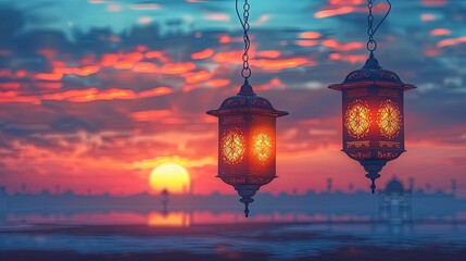 Dusk Illumination: Ramadan Lanterns with Bokeh Background