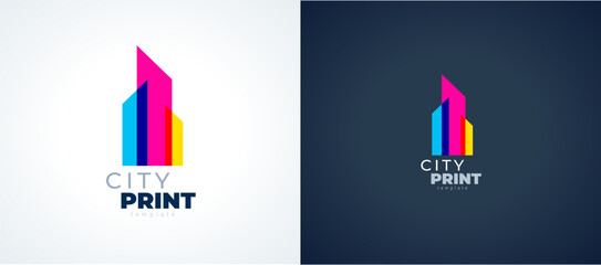 Logo City Print СMYK Printing theme. Silhouette Colored Buildings. Template design vector.