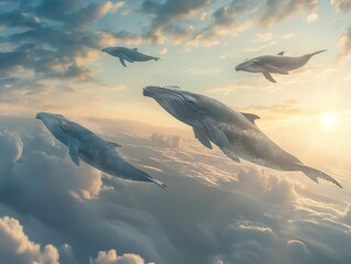Whales gracefully swimming through a cloudy sky at sunset, creating a dreamlike and serene scene.