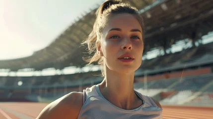 Fotobehang Young beautiful athletic woman with light smile jogging in the stadium. generative AI © yj