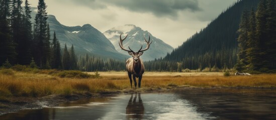 elk standing on the river bank landscape - Powered by Adobe
