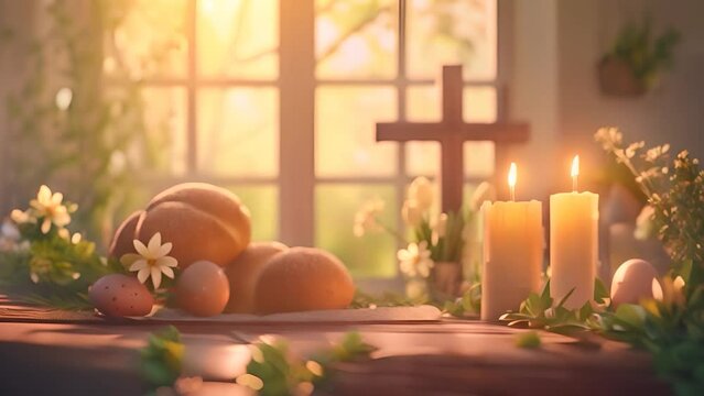 Easter scene with eggs, lighted candles with their flames gently swaying and buns on the table, with a wooden cross in the background. Flickering candles casting a gentle glow for easter scene.