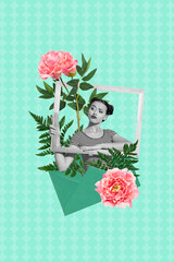 Vertical creative composite photo collage of arrogant dissatisfied woman posing in picture frame with flowers isolated on drawn background
