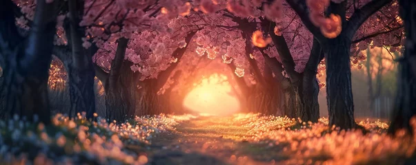 Deurstickers Sakura trees tunnel in early spring with sunset Generative Ai  © LayerAce.com