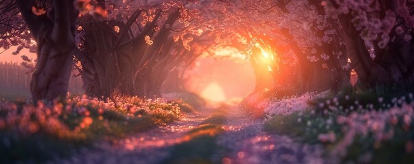 Sakura trees tunnel in early spring with sunset Generative Ai 