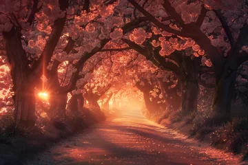 Fototapeten Sakura trees tunnel in early spring with sunset Generative Ai  © LayerAce.com
