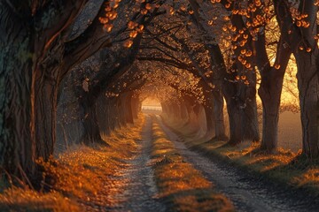 Sakura trees tunnel in early spring with sunset Generative Ai 