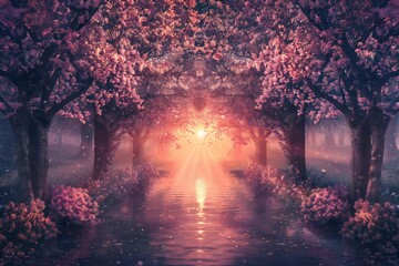 Sakura trees tunnel in early spring with sunset Generative Ai 