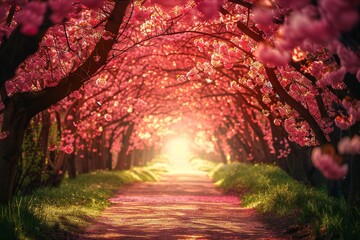 Sakura trees tunnel in early spring with sunset Generative Ai 
