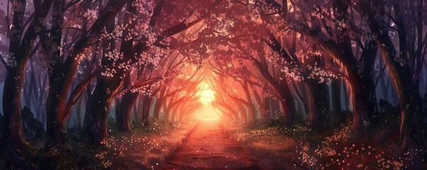 Sakura trees tunnel in early spring with sunset Generative Ai 