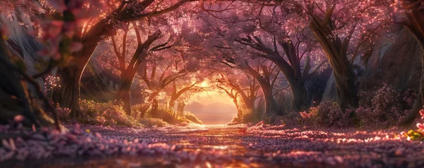 Papier Peint photo Bordeaux Sakura trees tunnel in early spring with sunset Generative Ai 