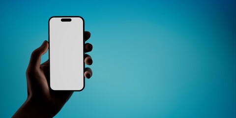 Hand holding a smartphone with a blank screen against a vibrant blue background - 757066074