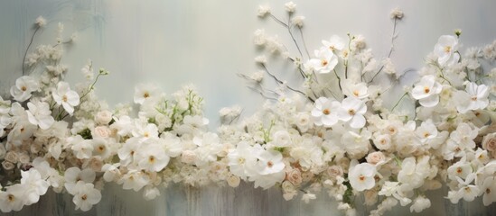 A bunch of white flowers with delicate petals stands out against a white background, creating a serene and natural landscape with a peaceful atmosphere