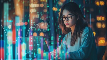 Businesswoman working on business data analyzing on finance, accounting, investment, stock market graphs on laptop screen, Ai generated for ads