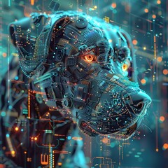 A cybernetic canine with intricate circuit board patterns and glowing neon eyes
