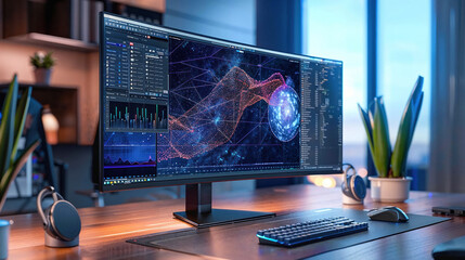 A contemporary workspace featuring dual monitors with dynamic data analysis graphs and visualizations on screen