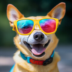 happy dog wearing funny sunglasses