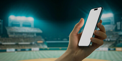 A hand holds a smartphone with a green screen at a baseball stadium - 757066479