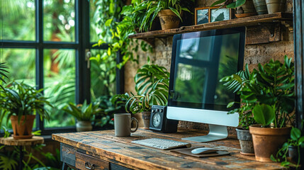 A homely desk area with a modern computer surrounded by lush indoor plants, conveying a calm, productive workspace
