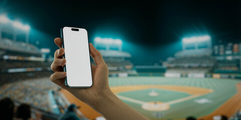 A hand holds a smartphone with a green screen at a baseball stadium - 757066639