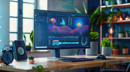 A stylish and inviting workspace with dual monitors displaying colorful graphics, reflecting inspiration and creativity for designers