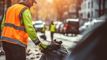 City cleaning and waste management services professional picking up black garbage bags on the streets.