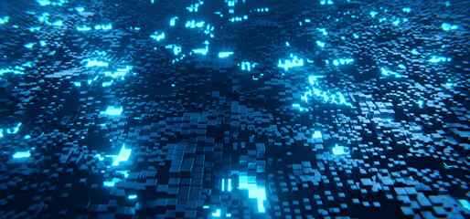 Sci-fi block chain tech background with blue neon particles - 757066803