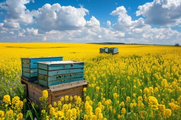 Beautiful bright colorful natural rural panoramic landscape with yellow rapeseed field and beehives...
