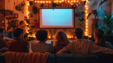 A group of teenagers gathered together to watch a movie in their room, Friends gathered around a big screen TV, Friends Watching Film Together, People watching tv
