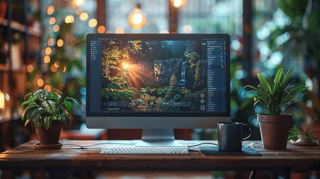 A cozy creative space with a large monitor showcasing a breathtaking nature photo, surrounded by a warm, ambient atmosphere