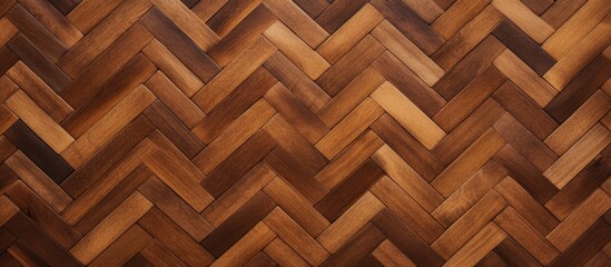 A closeup of a rectangular hardwood basket with a herringbone pattern, showcasing the art of wood flooring. The brown wood stain and varnish enhance the intricate design