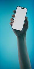 Hand holding a smartphone with a blank screen against a vibrant blue background - 757067041
