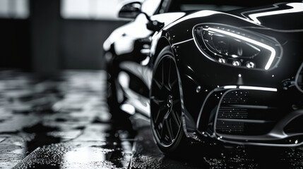 A black car with a shiny finish and a chrome wheel. The car is parked in a garage. luxury black car in photo on black background - obrazy, fototapety, plakaty