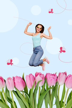 Sketch artwork trend composite image 3d collage photo of excited lady jump up in air with butterflies under spring season tulip garden