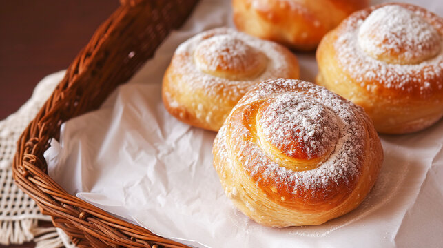 Fresh home baked traditional Spanish and Philippine sweet pastry ensaimada dusted with icing sugar in wicker basket