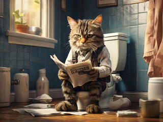 A cat sitting on a toilet and reading a newspaper.