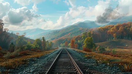Fototapeta premium Along the train tracks, stunning landscapes unfold, showcasing the beauty of nature at every turn.