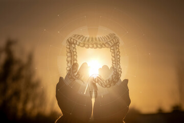 Hands supporting the colon against the backdrop of a sunset.