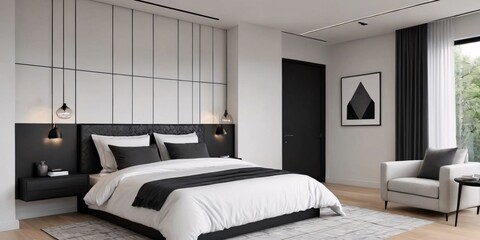 Modern black and white bedroom. A modern bedroom with a black platform bed, white chair, and wooden nightstand.